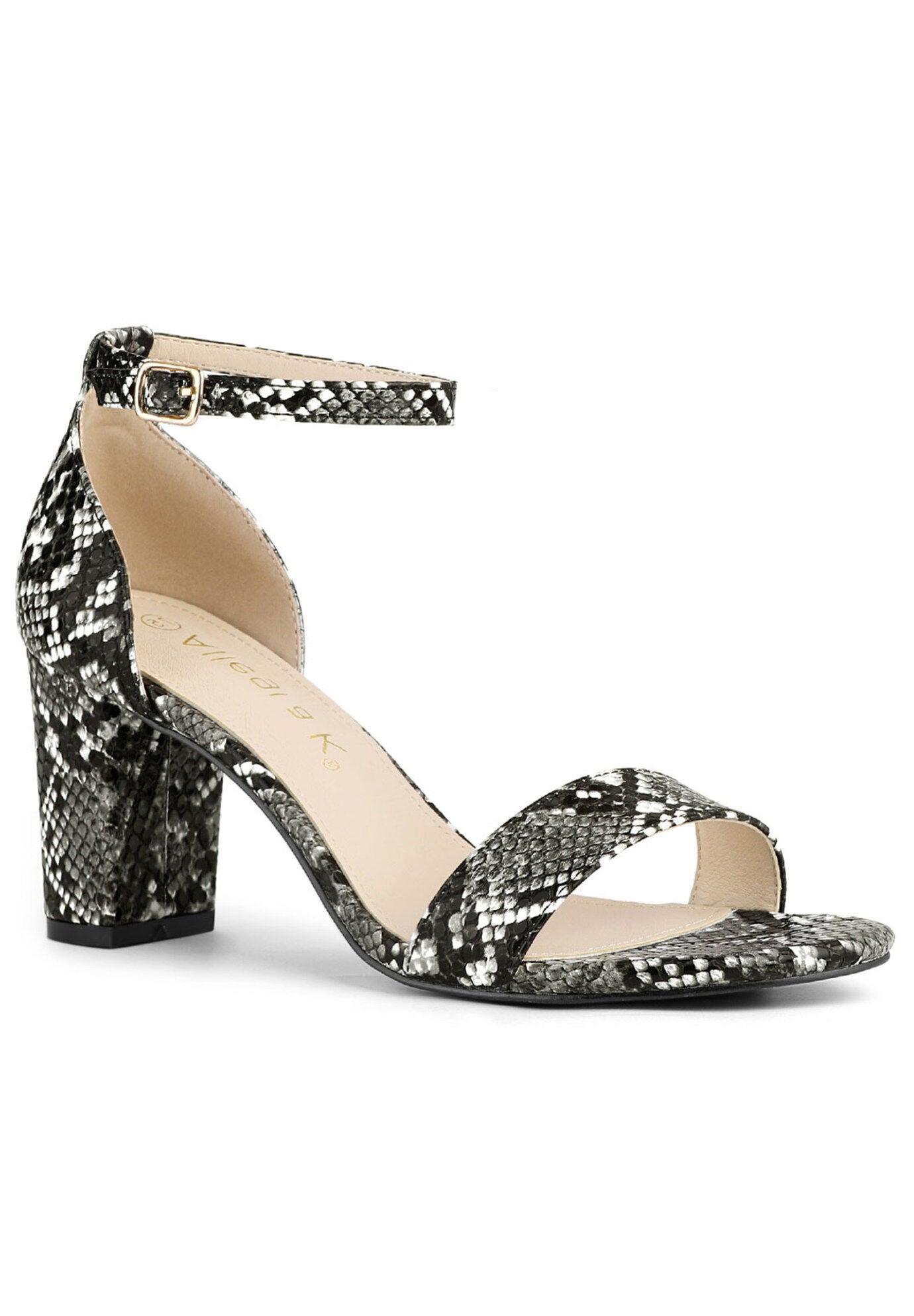 Snakeskin Ankle Strap Snake Chunky Heel Sandals, Black Snake / Black, hi-res image number 0