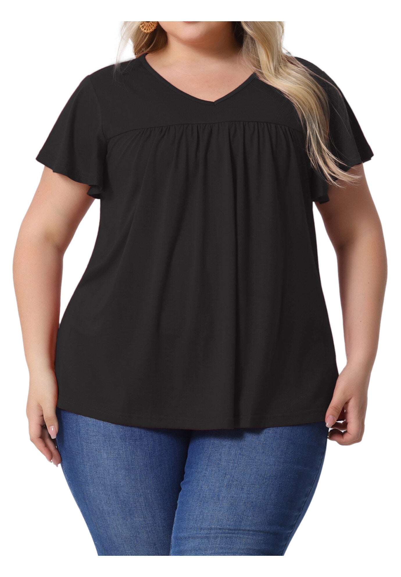 V Neck Ruffle Short Sleeve T-Shirt Tee Top, Black / Black, alternate image number 2