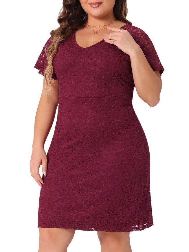V NECK SHORT SLEEVE COCKTAIL WEDDING GUEST BODYCON LACE PENCIL DRESS, Burgundy / Red, alternate image number 1