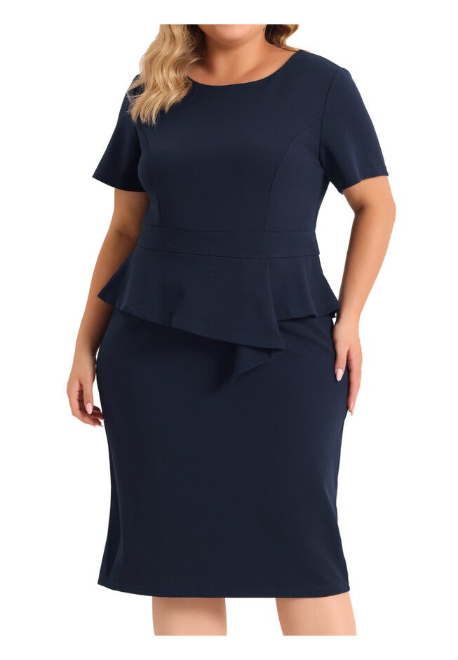 Short Sleeves Crew Neck Office Peplum Pencil Dress, Navy Blue / Navy, alternate image number 1