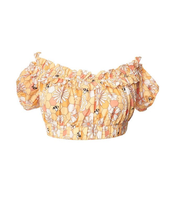 Unique Vintage Yellow Bee Print Ruffle Up Crop Top, Yellow / Yellow, hi-res image number null