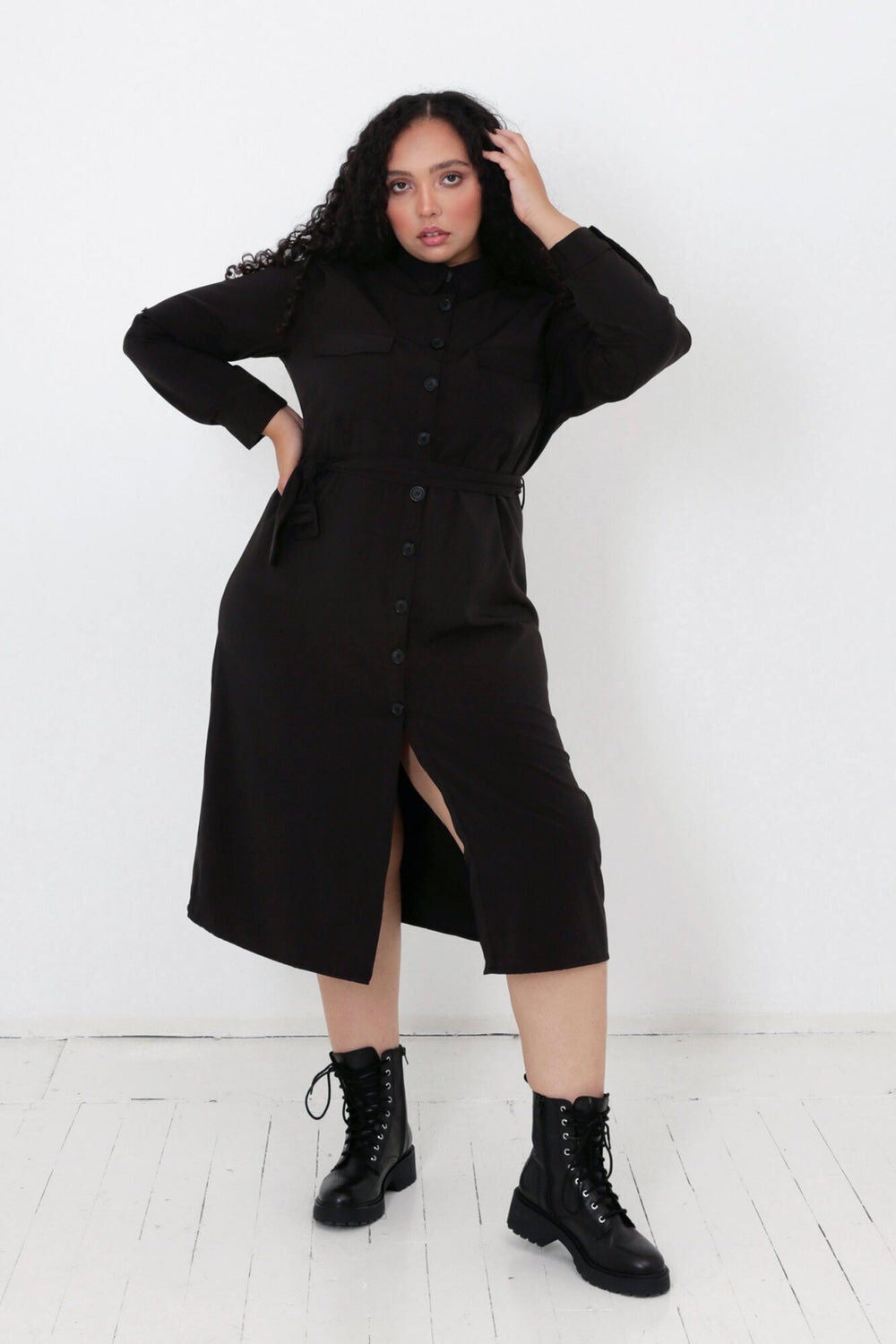 Gigi Button Down Shirt Dress, Black / Black, alternate image number 2