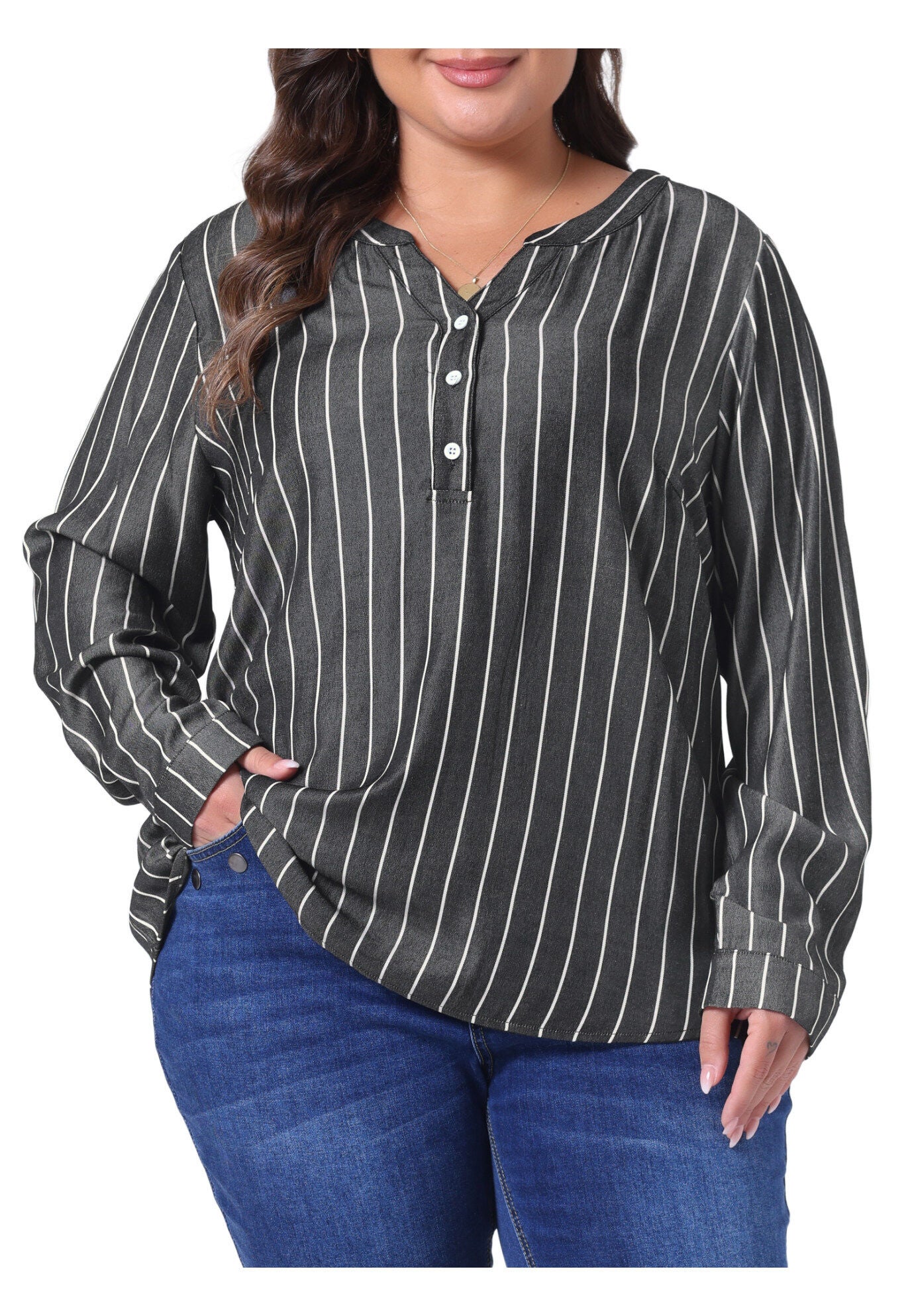 Long Sleeve Button Down Shirt Top, Black / Black, alternate image number 2