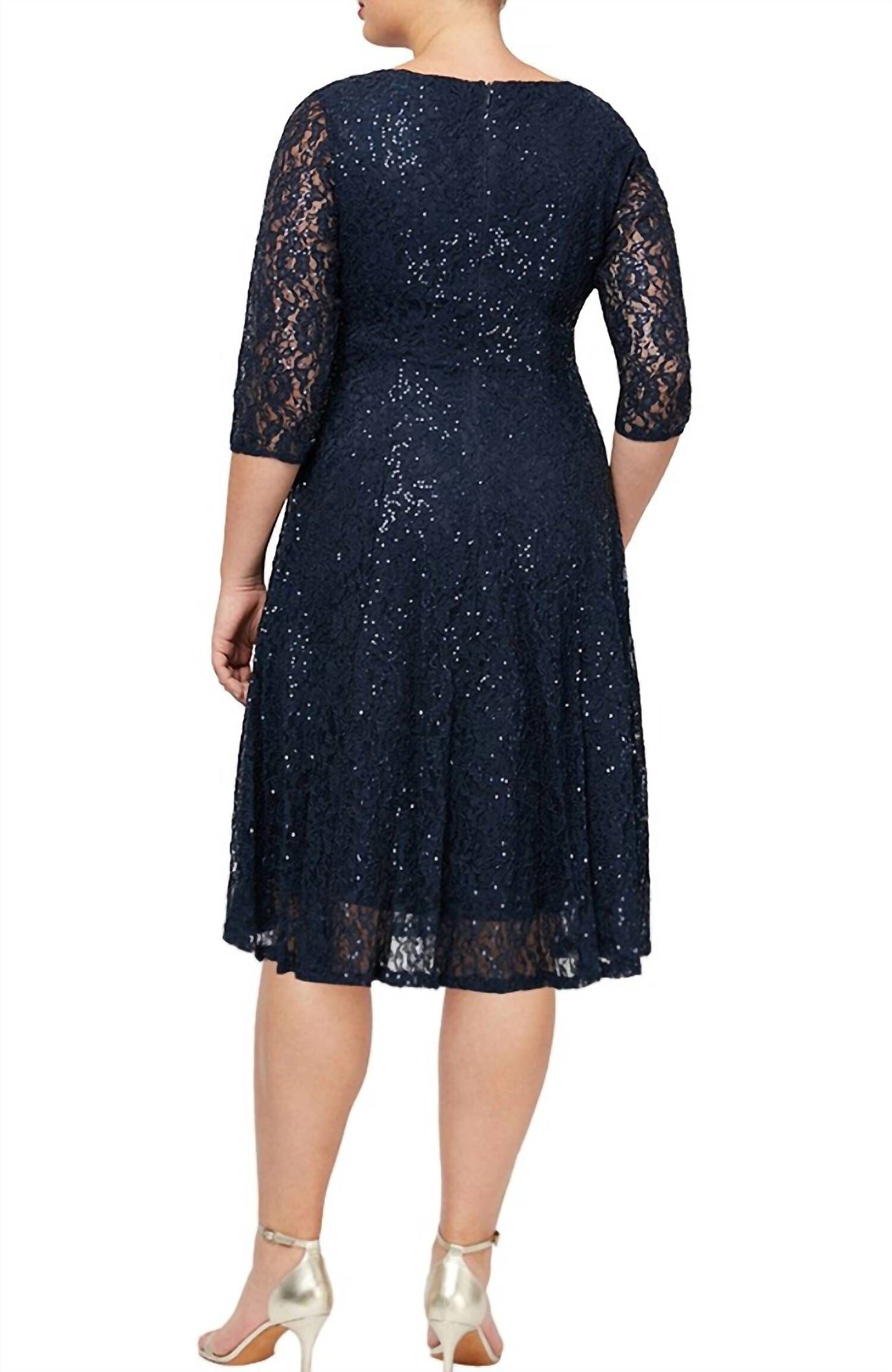 Sleeved Sweetheart Neck Sequin Lace Dress In Navy, , alternate image number 2