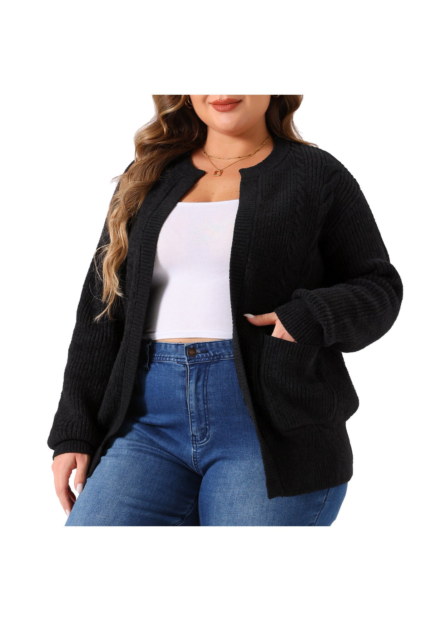 Long Sleeve Crew Neck Knit Cardigan Sweaters with Pockets, Black / Black, alternate image number 1
