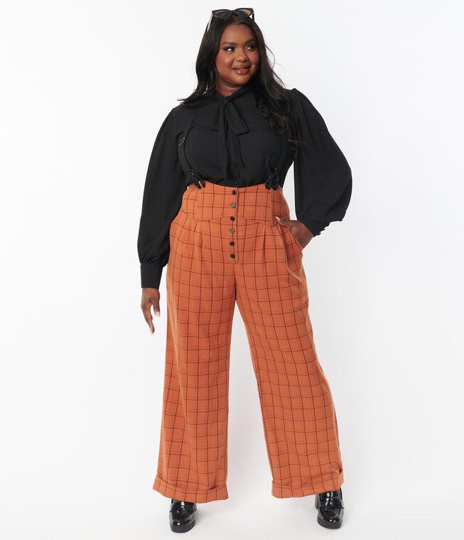 Unique Vintage Orange Windowpane Thelma Suspender Pants, Orange Plaid Gingham / Orange, alternate image number null