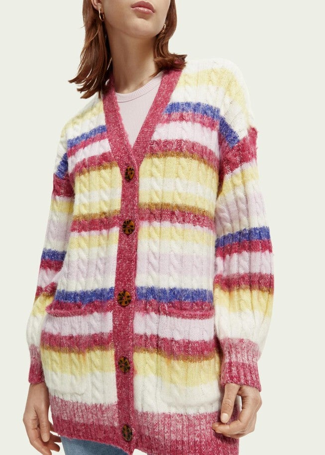 BRUSHED MIXED STRIPE MID LENGTH CARDIGAN IN CHERRY PIE, , alternate image number null