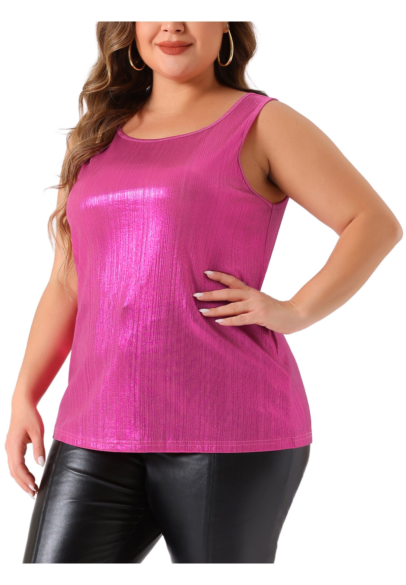 Crew Neck Sleeveless Holographic Shiny Metallic Tank Top, Hot Pink / Deep Fuchsia, alternate image number 1