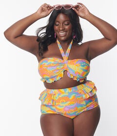 Unique Vintage Happy Groovy Rainbow Twist Front Halter Swim Top