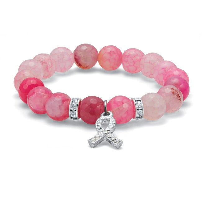 Crystal Accented Beaded Breast Cancer Awareness Stretch Bracelet, 7 Inch, White / White, hi-res image number 0