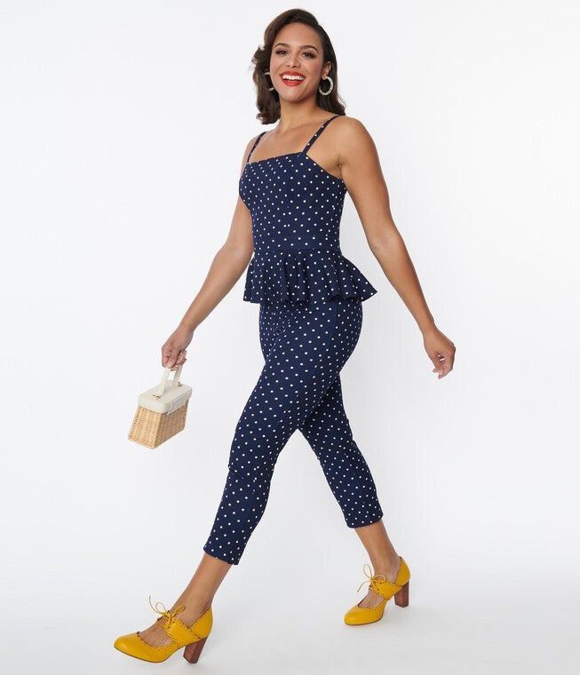 Unique Vintage Navy & White Dot Peplum Jumpsuit, , alternate image number 7