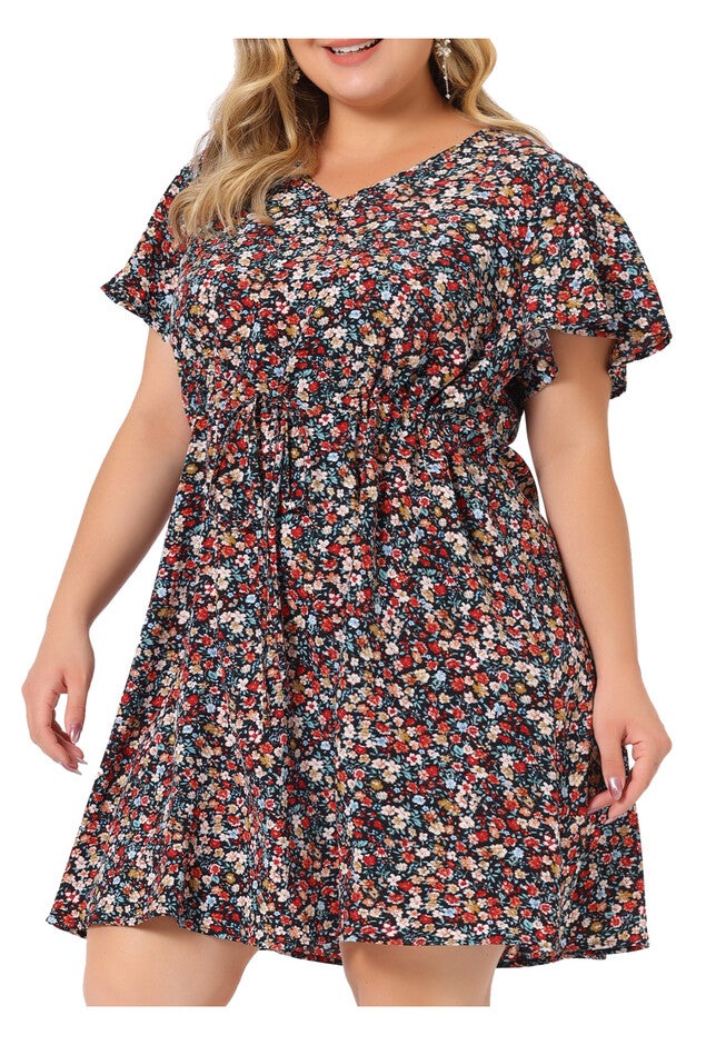 Floral Drawstring Waist V Neck Dress, Black Red / Black, alternate image number null