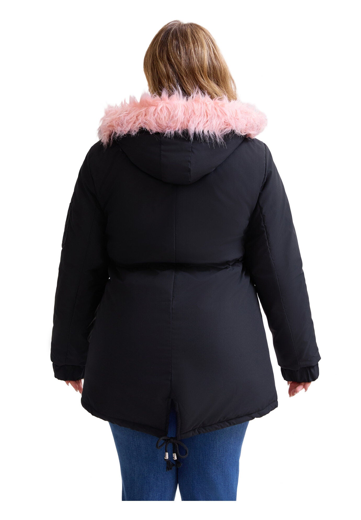 Drawstring Waist Fleece Winter Coat with Pockets, Black Pink / Black, alternate image number 3