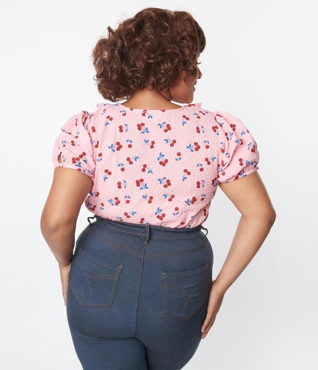 Unique Vintage Pink Cherry Ruffle Short Sleeve Blouse, Pink / Pink, alternate image number null