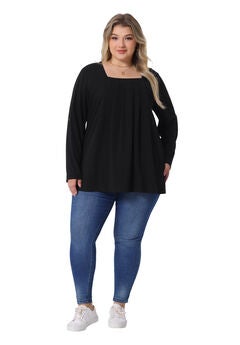 Long Sleeve Square Neck Flowy Pleated Loose Fit Tunic Top