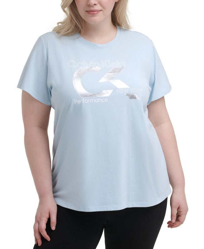 Calvin Klein Women's Performance Plus Foil Logo Pullover Top Aqua Size 1X, Blue / Navy, hi-res image number null