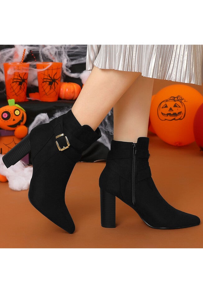 Pointed Toe Buckle Decor Chunky Heel Ankle Boots, Black / Black, alternate image number 1