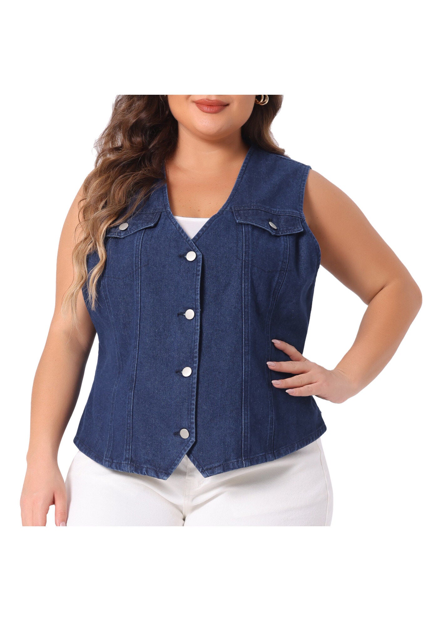 V NECK SLEEVELESS UTILITY JEAN DENIM VEST, Dark Blue / Navy, alternate image number 2