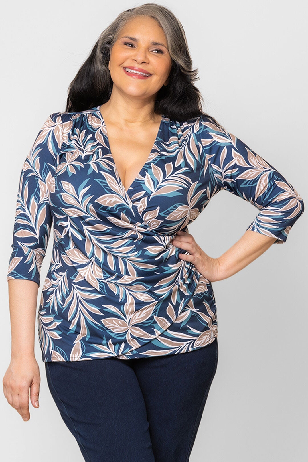 Femme Fatale Faux Wrap Top, Teal Botanical Print / Teal, alternate image number 2