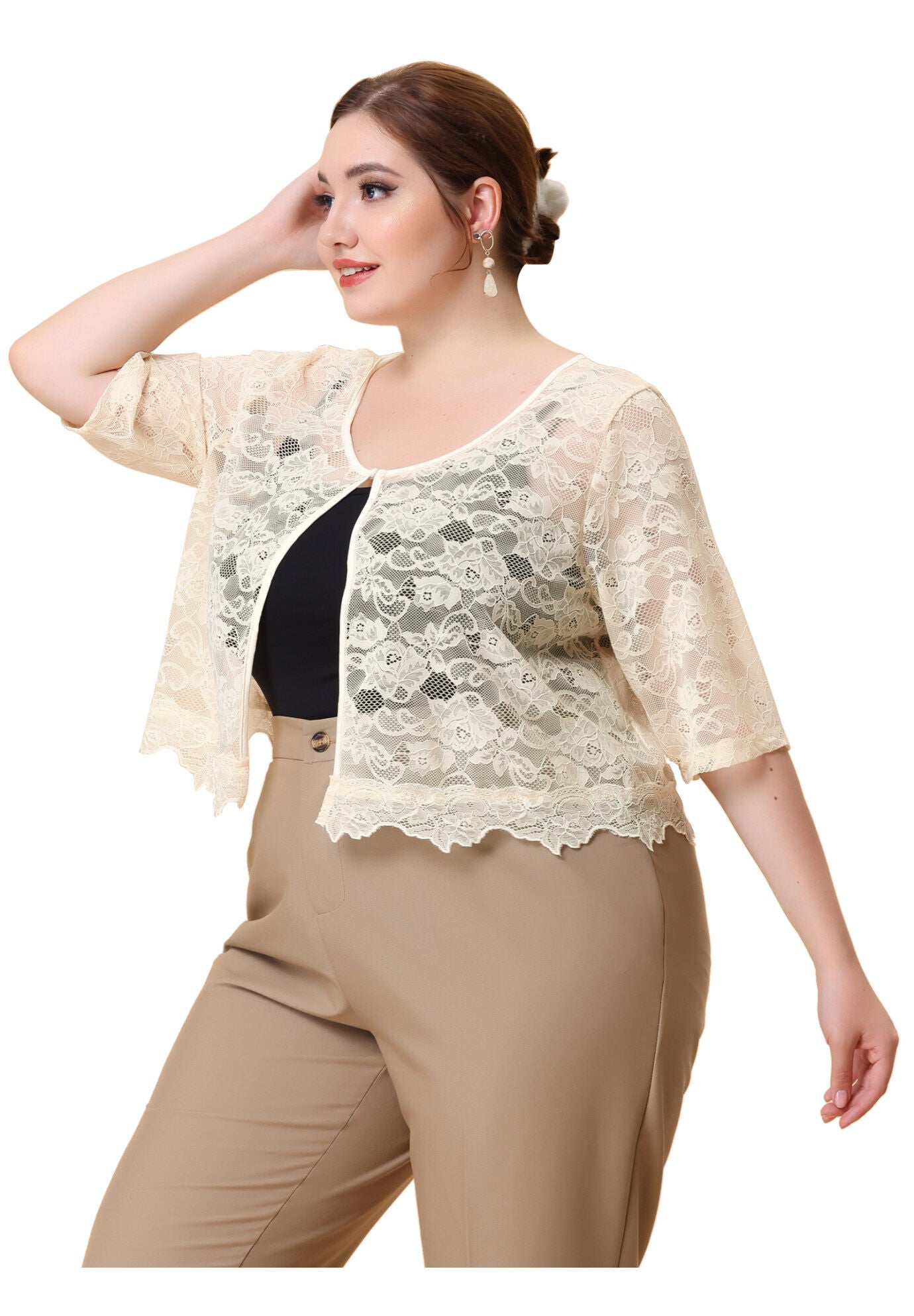 1/2 SLEEVE SHEER LACE BOLERO SHRUG, Beige / Beige, hi-res image number 0