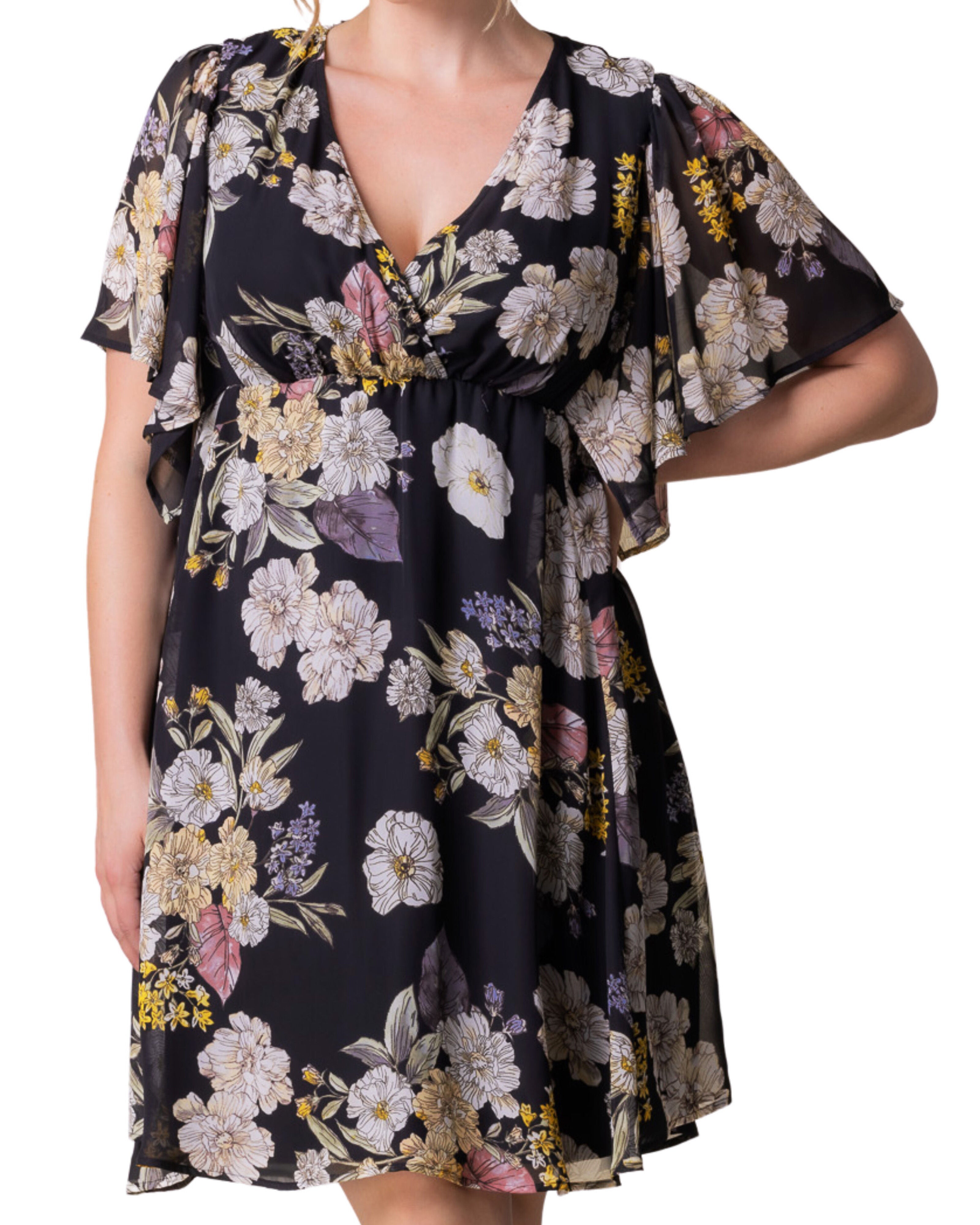 Florence Flutter Sleeve Dress, MIDNIGHT PEONY PRINT / Black, alternate image number 2