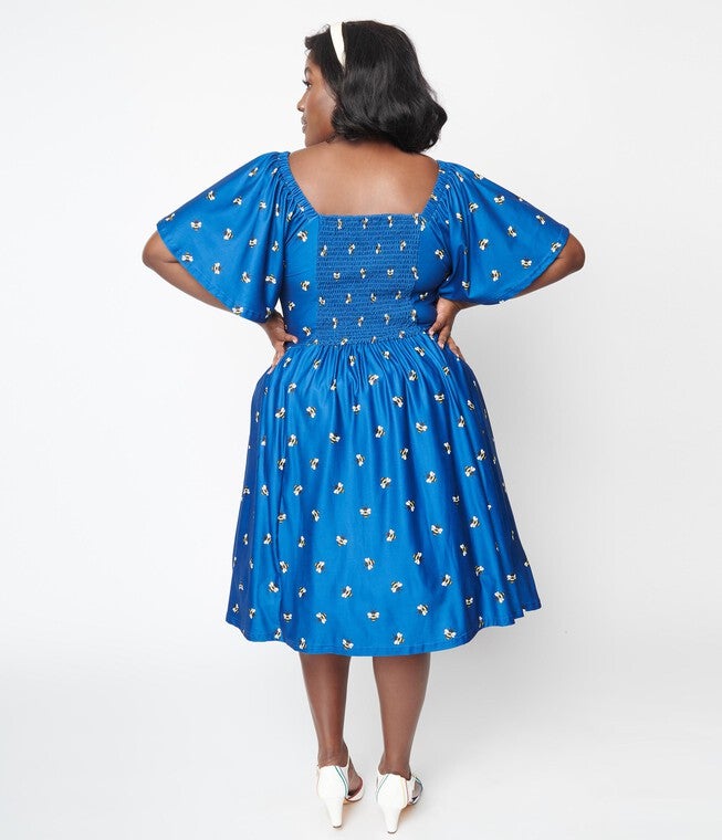 Unique Vintage Curve Blue Bee Print Swing Dress, Blue Bee Print / Royal Blue, alternate image number null