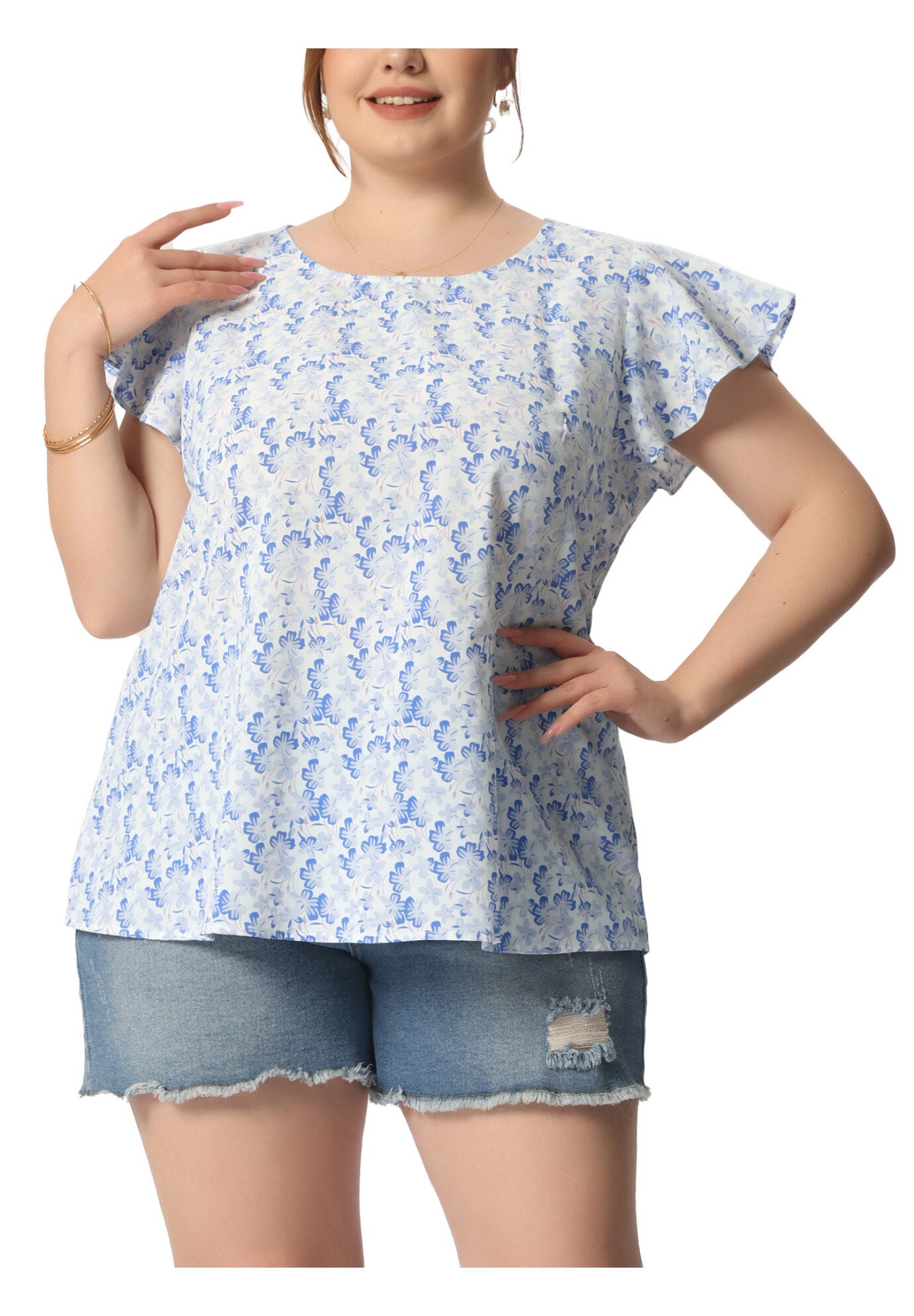 Summer Top Floral Round Neck Short Sleeves Ruffle Blouse, Blue White / Light Blue, alternate image number 1
