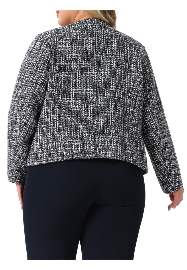 Long Sleeve Open Front Collarless Tweed Blazer Jacket, Black / Black, alternate image number 3
