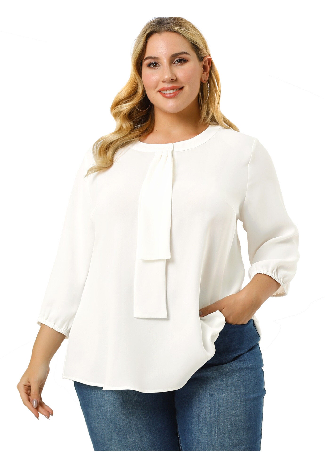 Work Round Neck Ruffle Chiffon Blouse Top, White / White, alternate image number 2