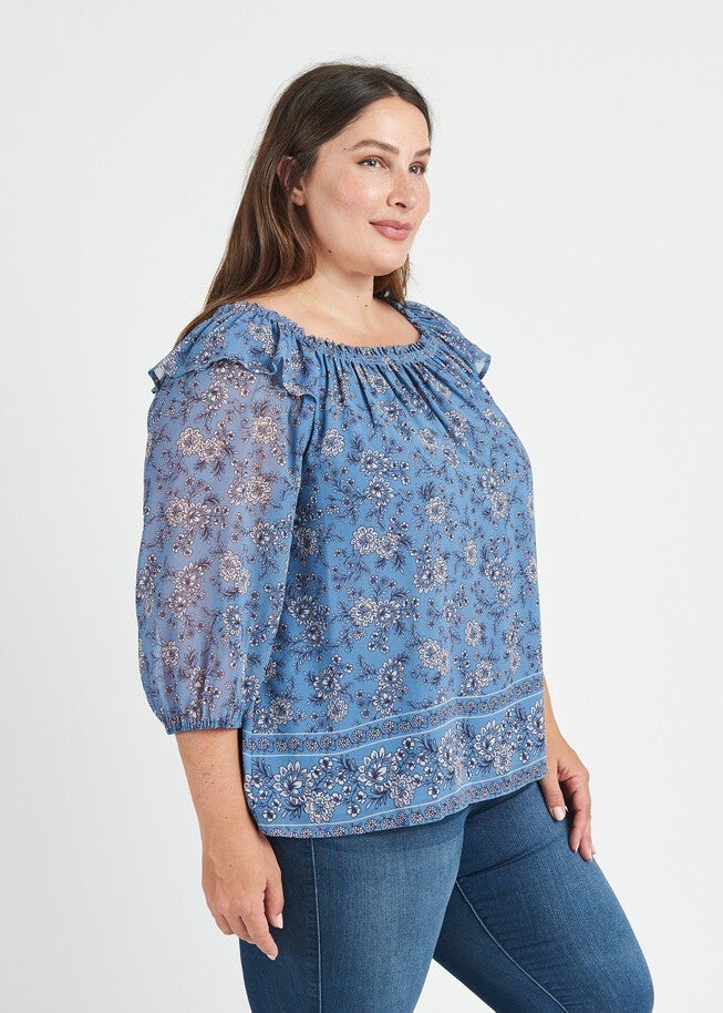 Aila Smocked Top with Ruffles, M409 Blue / Navy, alternate image number null