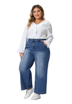 WIDE LEG BAGGY WASHED STRETCH DENIM ANKLE JEANS