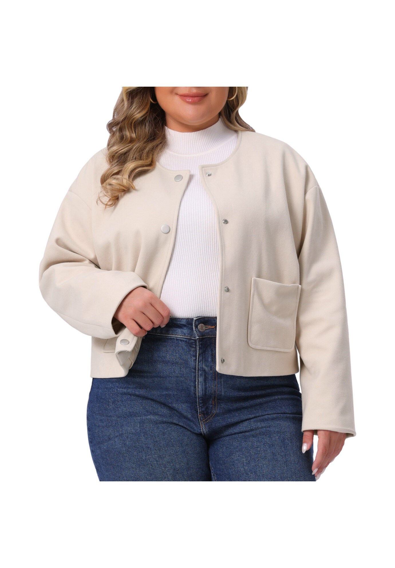 Single Breasted Bomber Jacket Shacket Coat with Pockets, Apricot / Cream, alternate image number 1