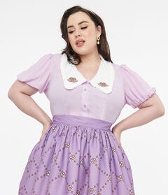 Pusheen x Unique Vintage Lavender Pusheen Springtime Embroidered Oversized Collar Blouse