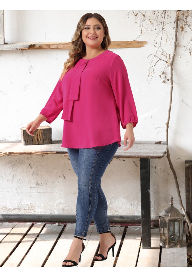 3/4 Sleeve Work Office Tie Front Ruffle Chiffon Blouse Top, Hot Pink / Deep Fuchsia, hi-res image number 0