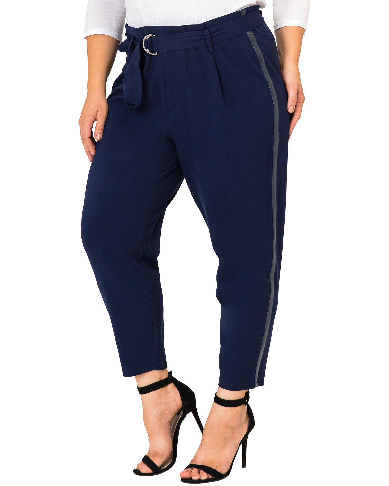 Plus Size Marina Paper Bag Waist Suiting Pants - Vegan Leather Athletic Stripe, Midnight Blue / Navy, alternate image number 2