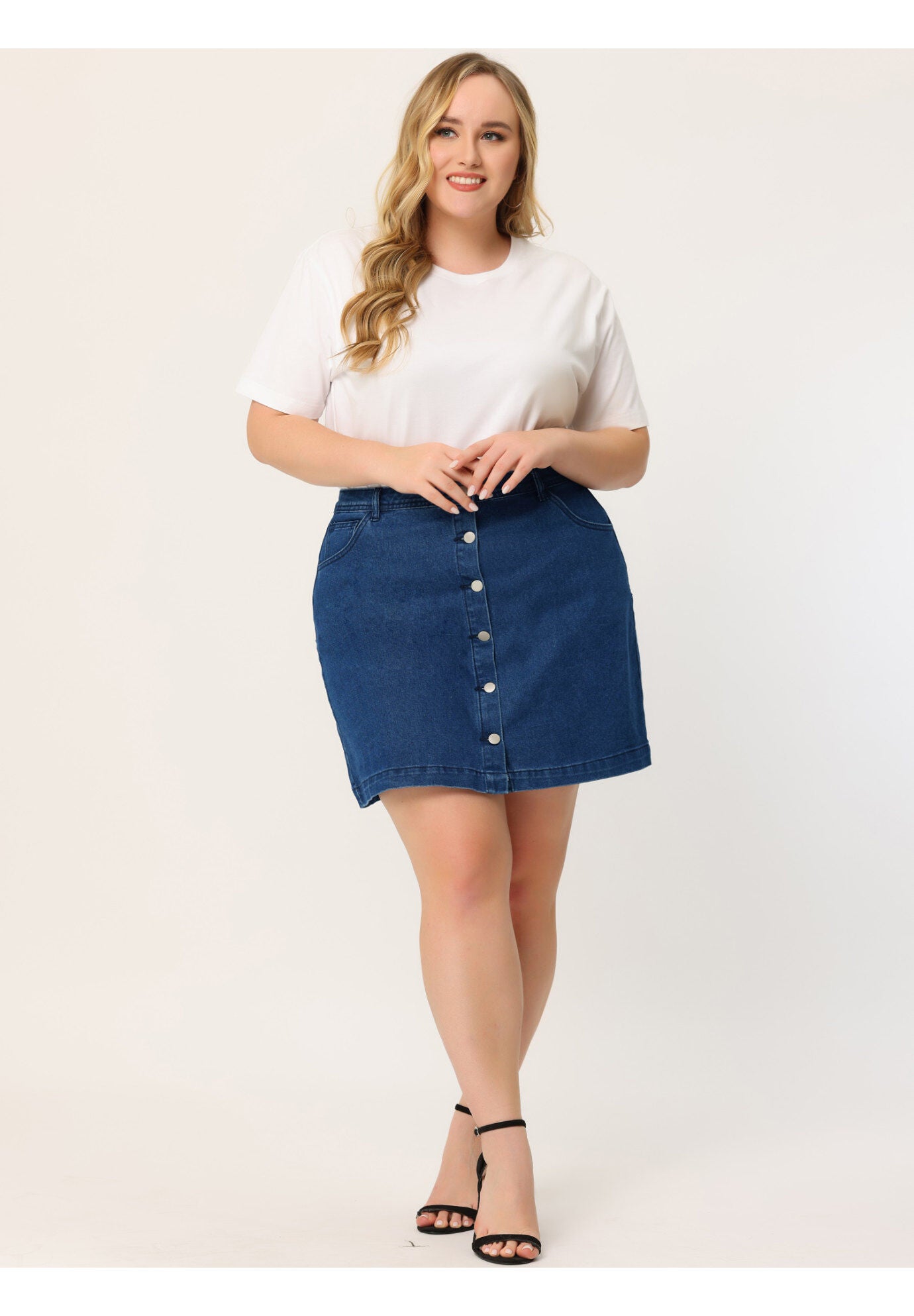 BUTTON SIDE POCKET A LINE JEAN MINI DENIM SKIRT, Navy Blue / Navy, hi-res image number 0