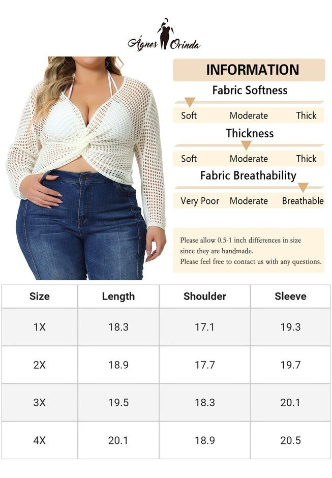 Mesh Crochet Crop Top Hollow Out Knit See Through Cover Up, Cream White / Cream, alternate image number 4