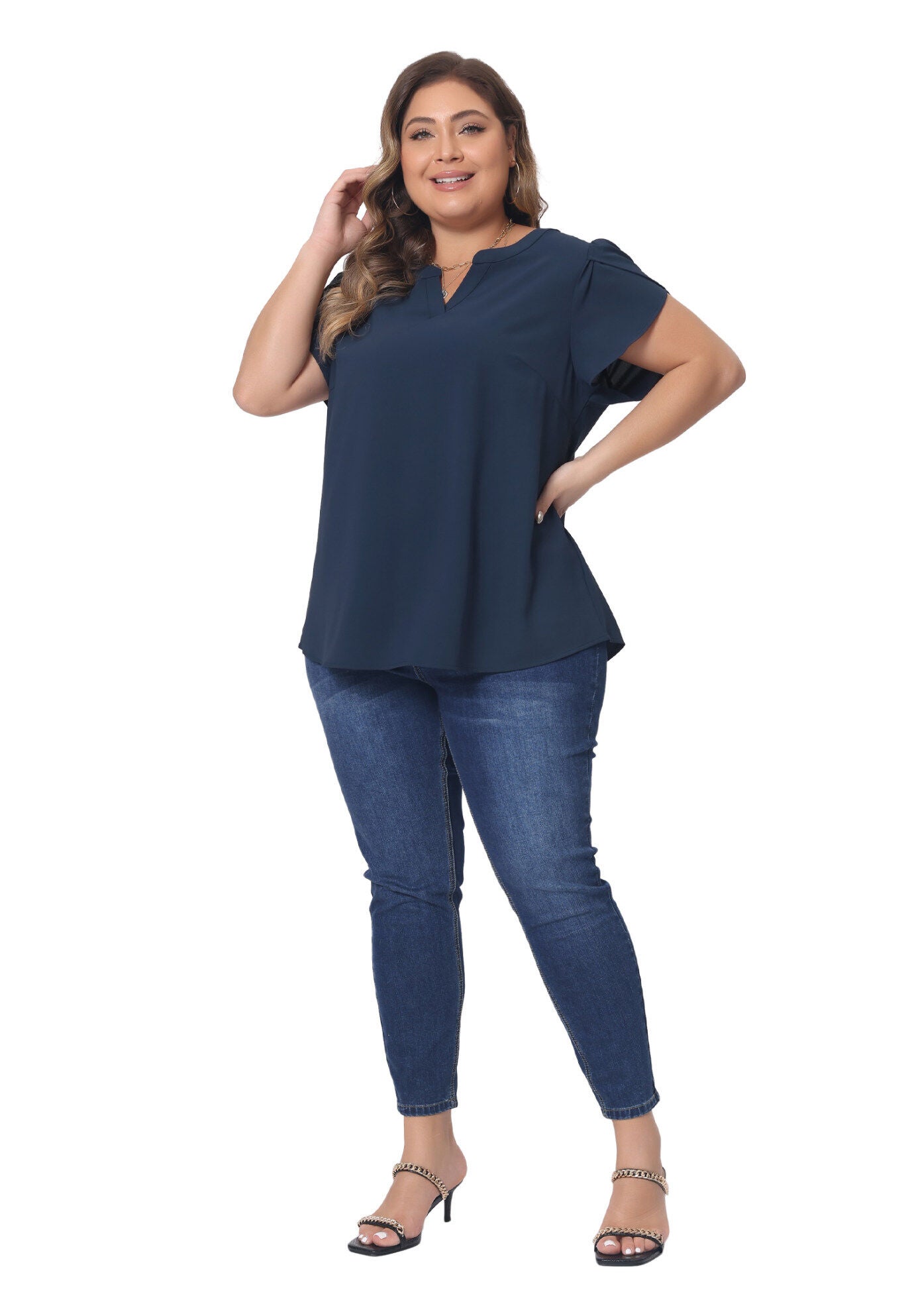 Notched V Neck Short Petal Sleeve Shirt Top, Dark Blue / Navy, hi-res image number 0