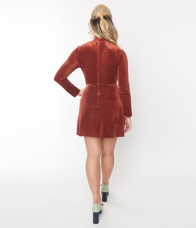Smak Parlour Orange Geometric Velvet Mock Turtleneck Fit & Flare Dress, , alternate image number null