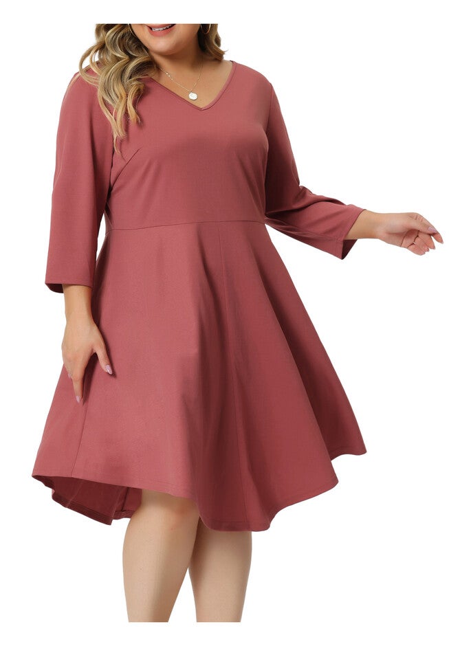 V Neck 3/4 Sleeve Swing Loose A-Line Midi Dress, Pink / Coral, alternate image number 2