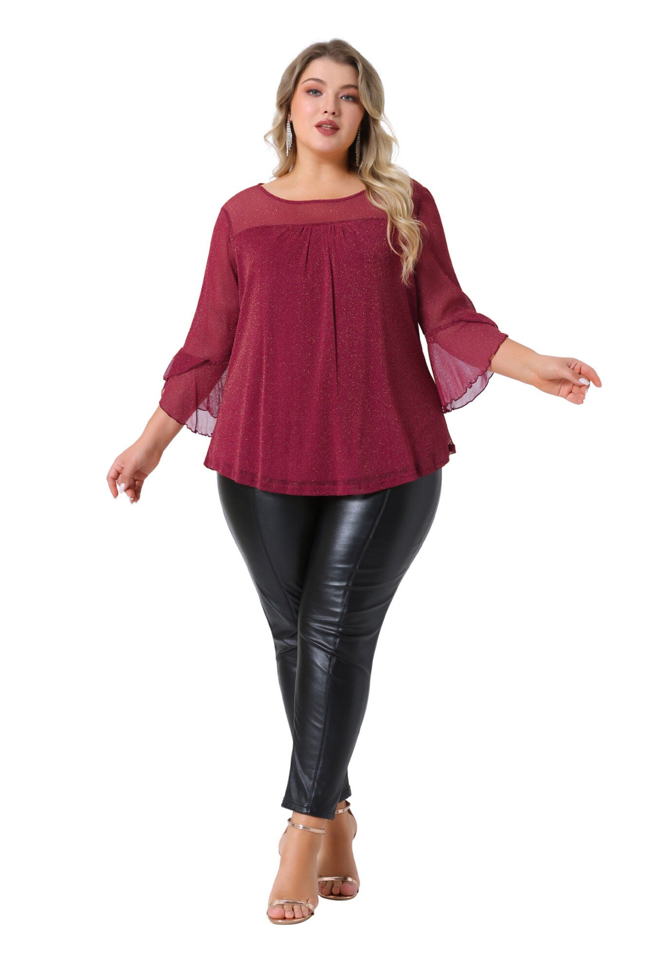 Ruffle 3/4 Sleeve Double Layers Glitter Mesh Top, Red / Red, hi-res image number 0