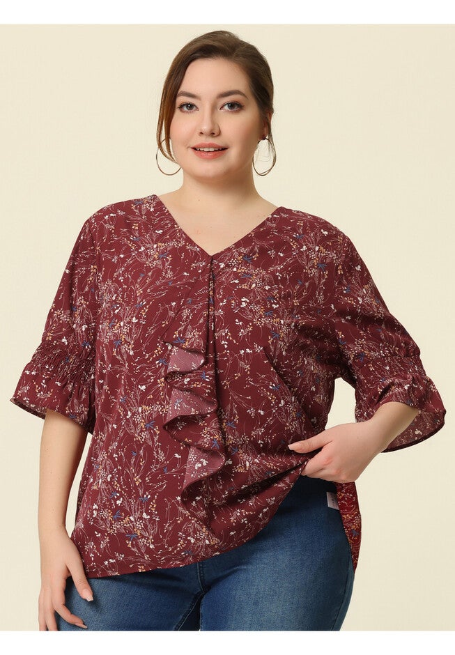 Ruffle Blouse V Neck Smocked Sleeves Top, Wine Red Floral / Red, hi-res image number 0