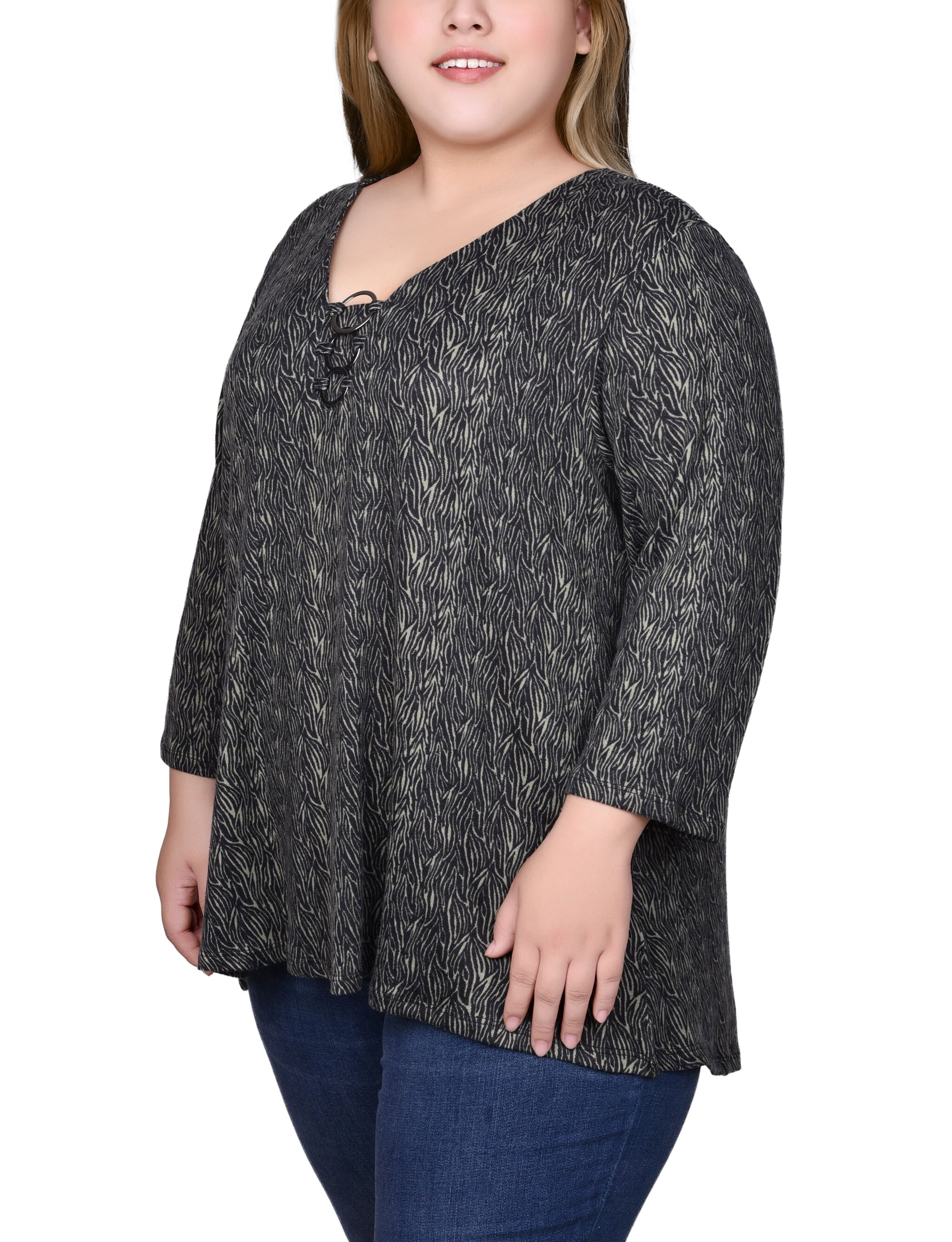 3/4 Sleeve 3-Ring Top, Oil Green Black Zeb, alternate image number 2