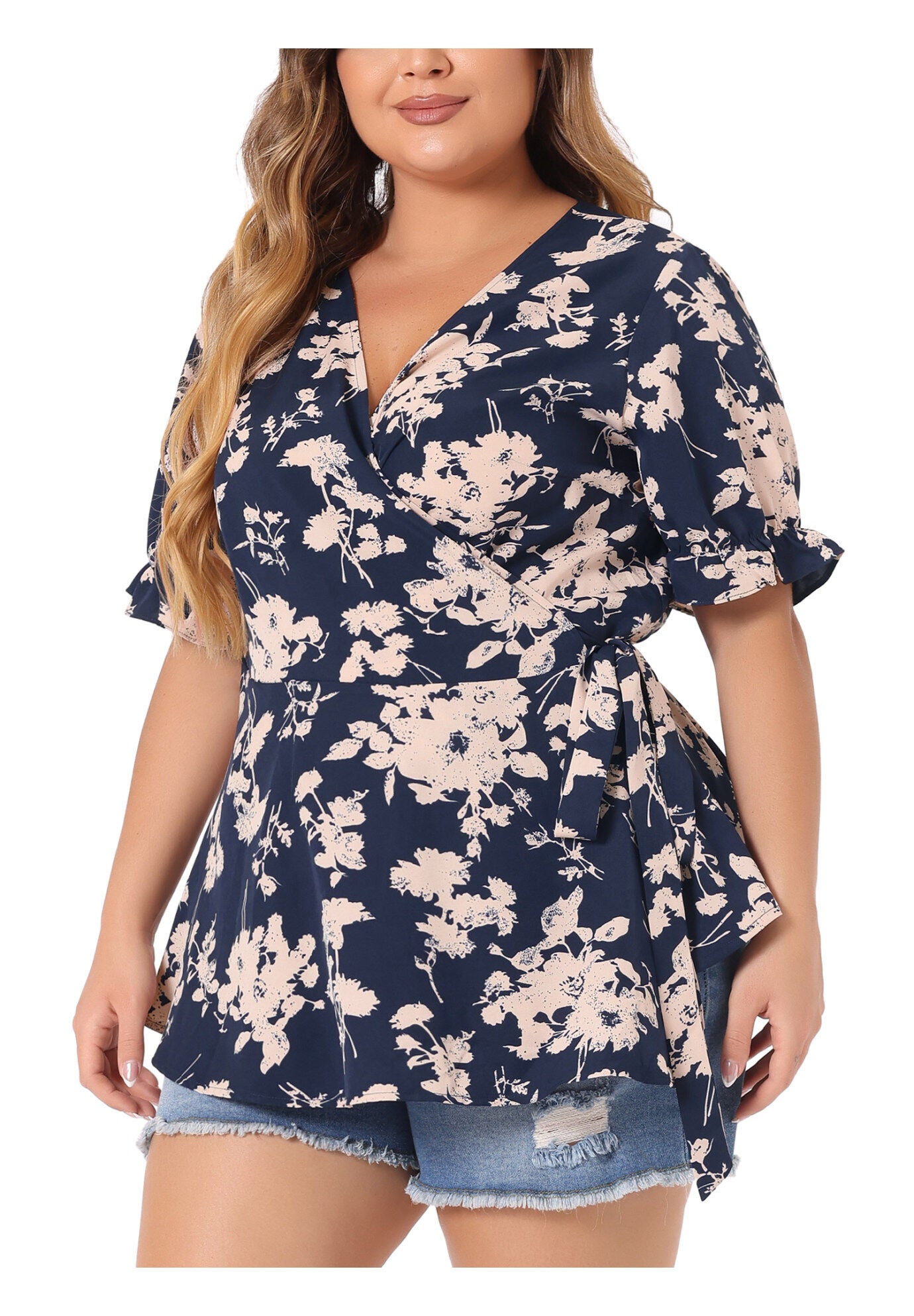 Floral Ruffle Sleeve Faux Wrap Peplum Blouse, Navy Blue / Navy, alternate image number 1