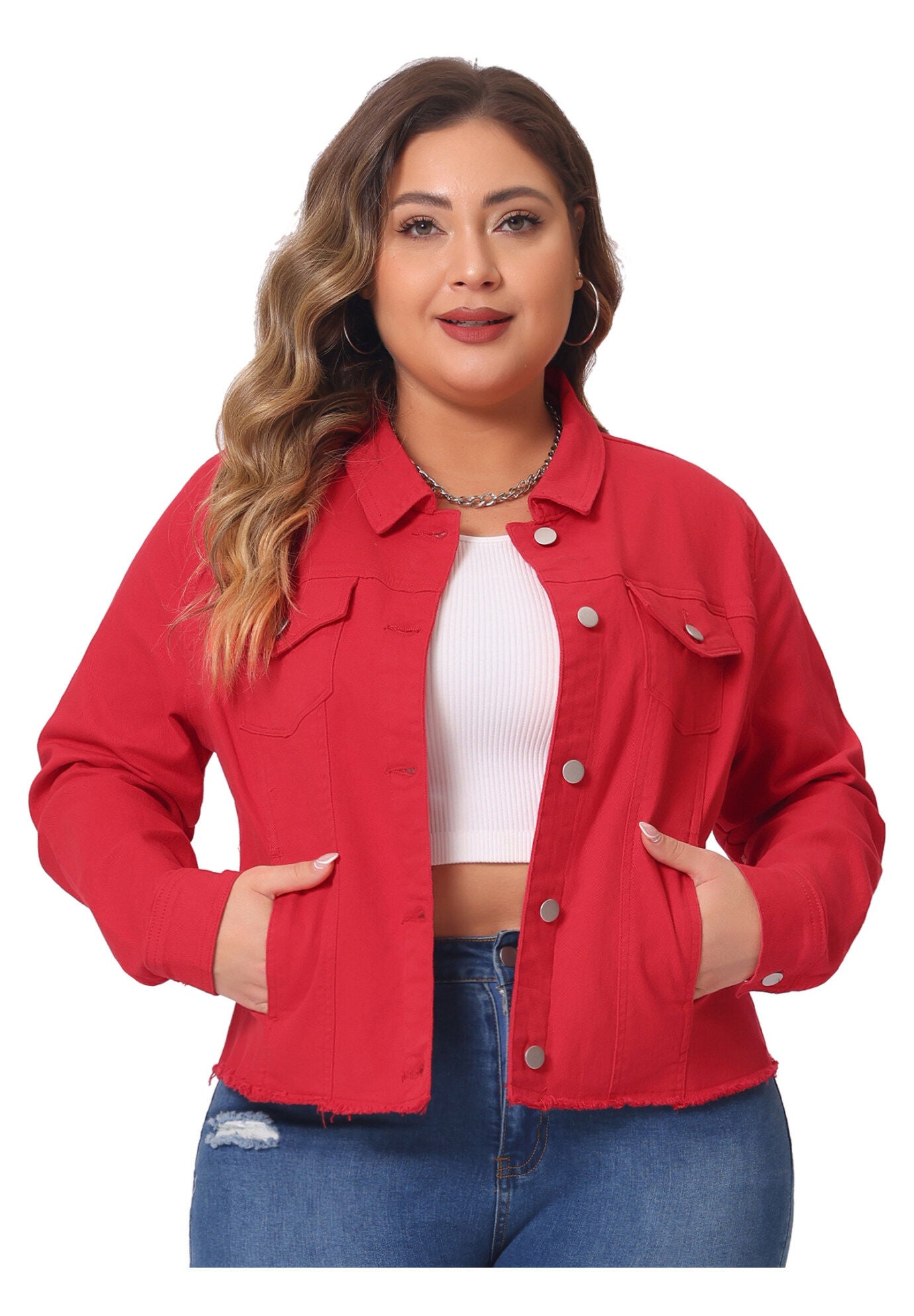 WASHED FRONT FRAYED DENIM JACKET, Red / Red, alternate image number 2