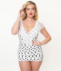 UNIQUE VINTAGE WHITE & BLACK POLKA DOT RUFFLE SHEATH SWIMSUIT