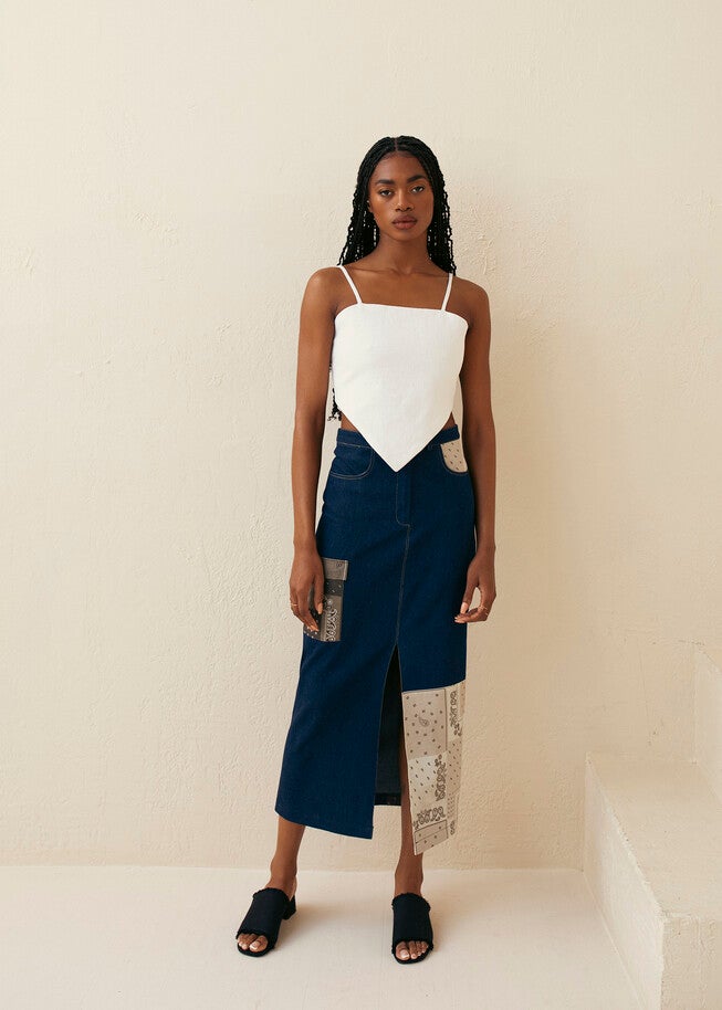 Patchwork Denim Midi Skirt, , alternate image number 7