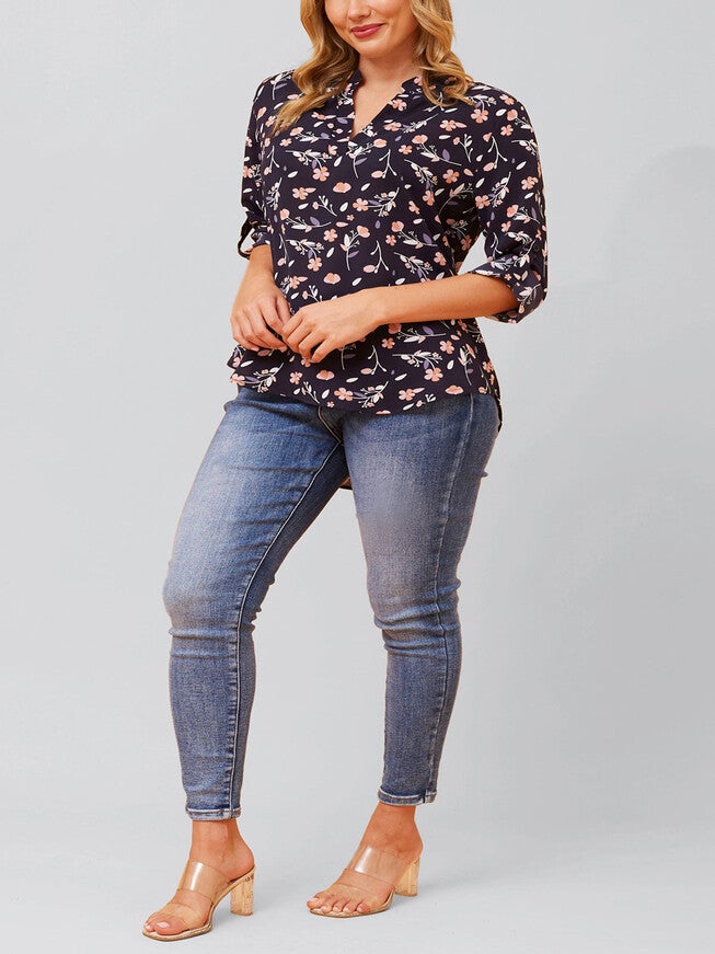 Sherine Blouse Floral Print V Neck Navy, , alternate image number 5