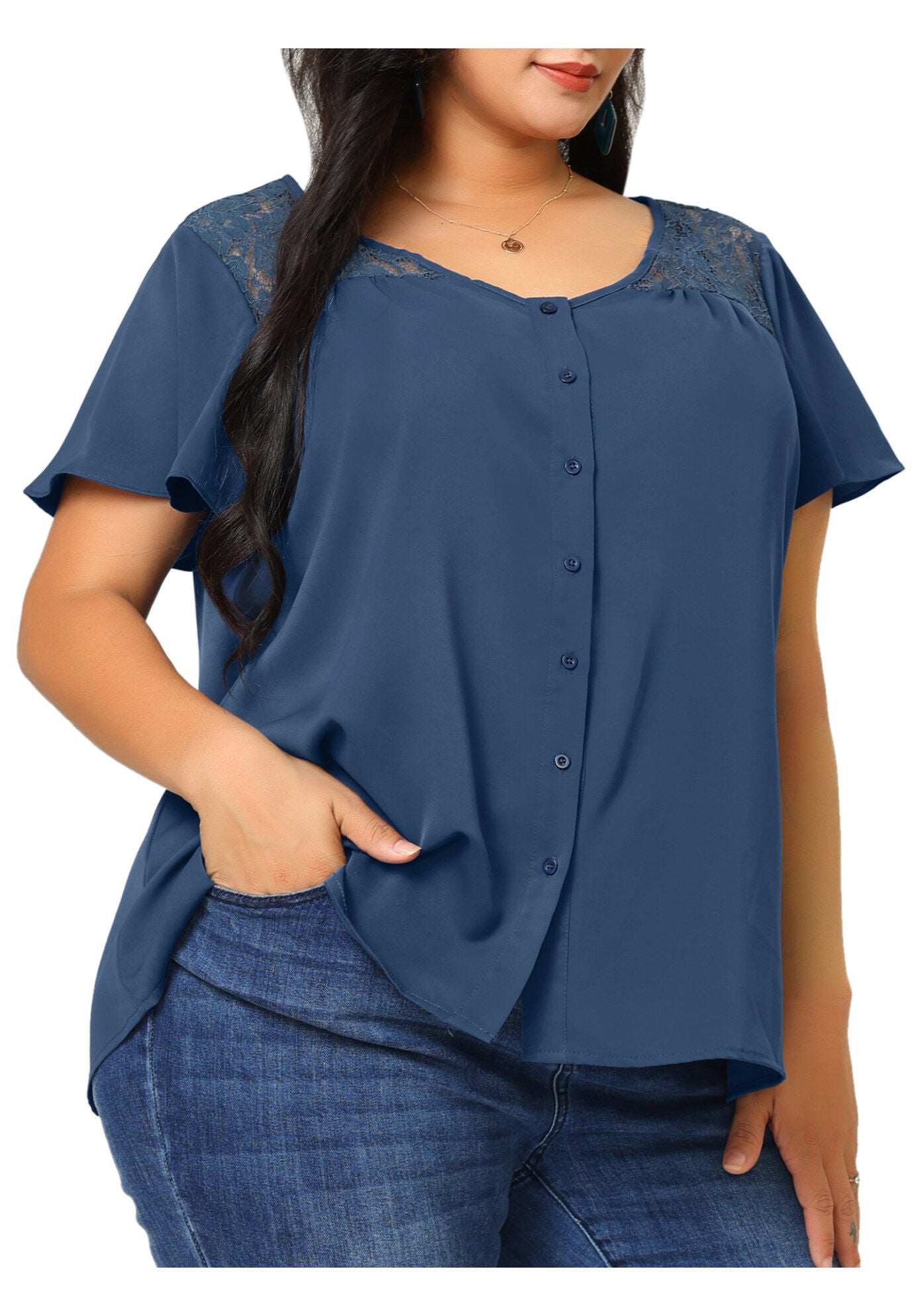 Chiffon Shirt Summer Lace V Neck Flare Sleeve Casual Work Top, Royal Blue / Royal Blue, alternate image number 2