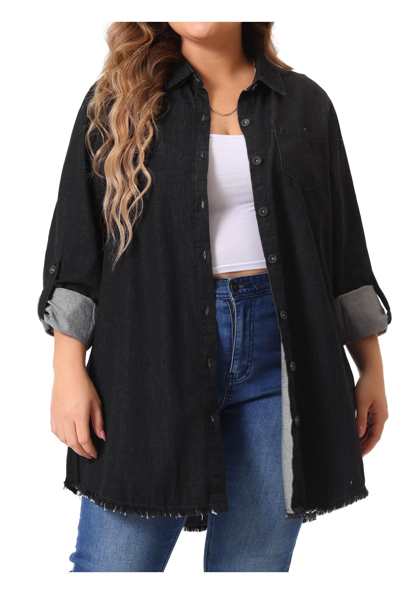 CHAMBRAY TOP BUTTON DOWN DENIM SHIRT, Black / Black, alternate image number 2